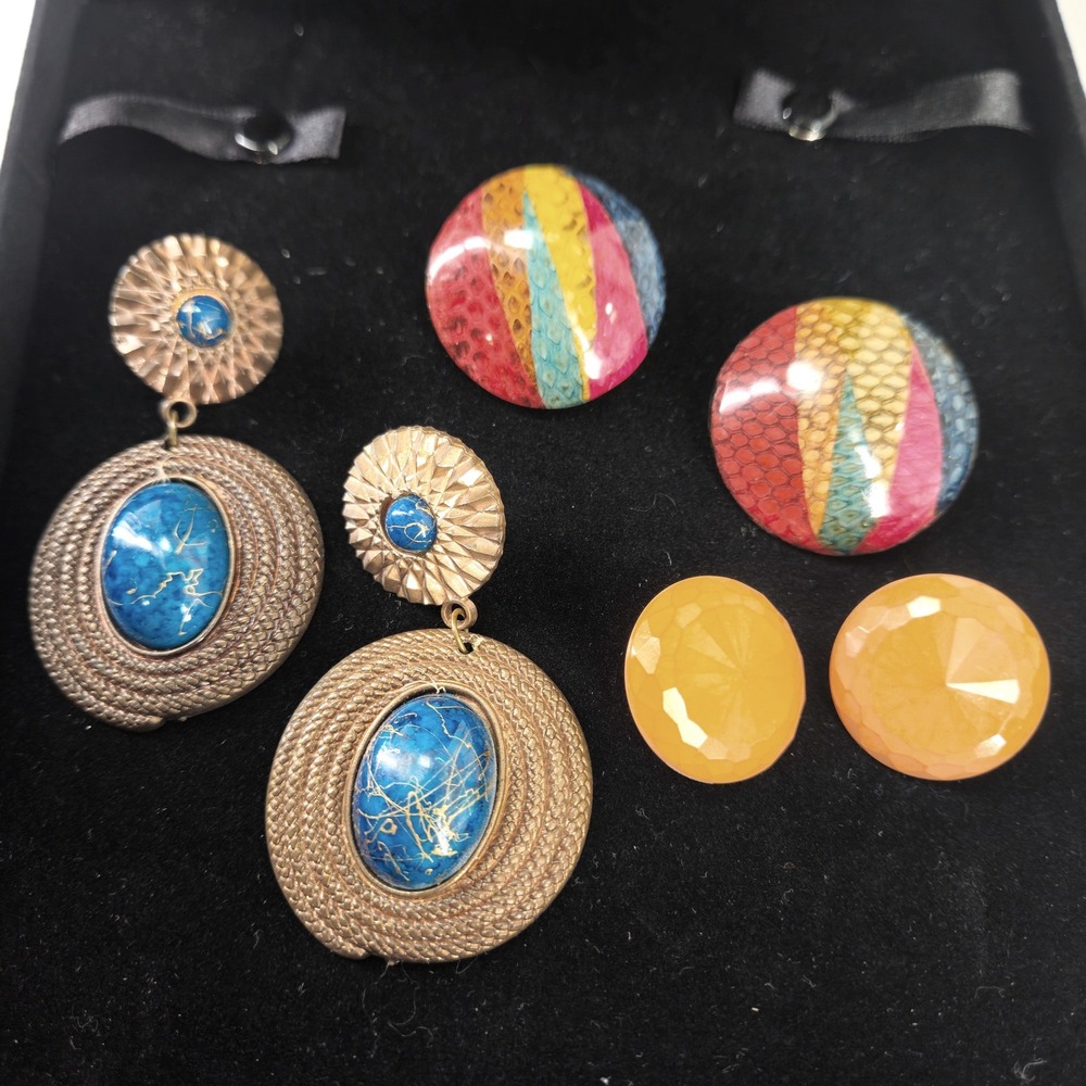 Vtg chunky 80s Retro Statement Earrings Lot 3 Pair Blue Drop Peach Rainbow Studs